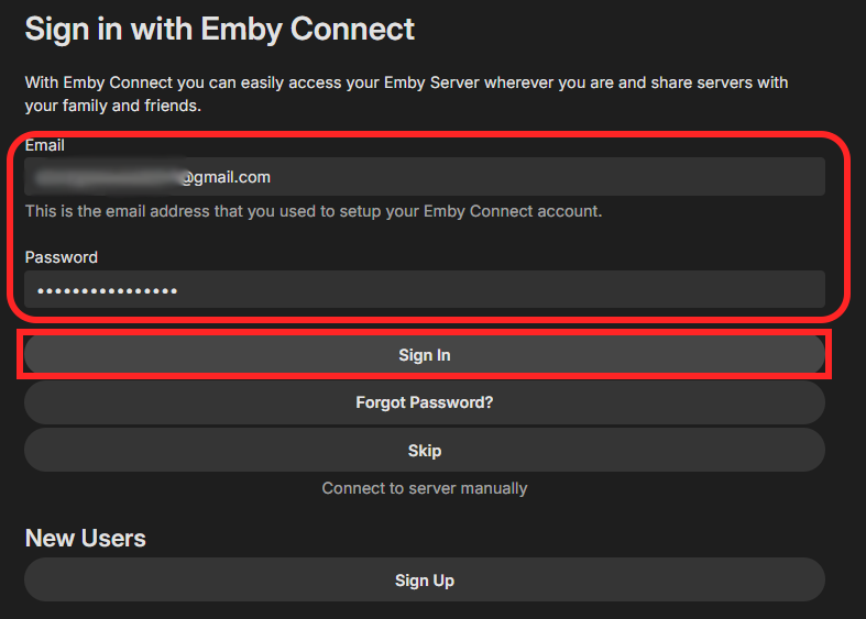 Autentificare în aplicație cu Emby Connect