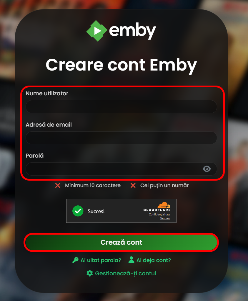 Formular Creare cont Emby
