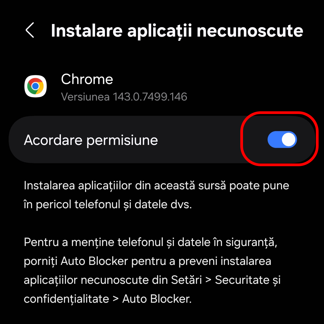 Activează permisiunea pentru surse necunoscute
