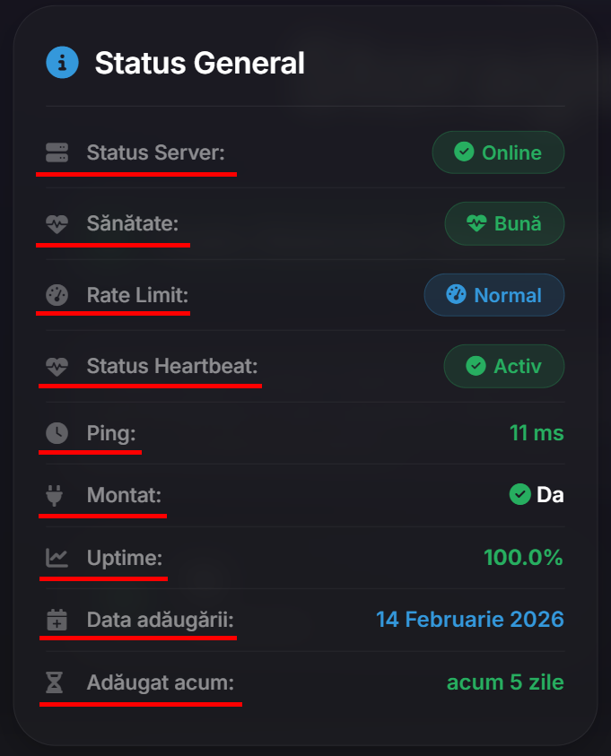 Secțiunea Status General
