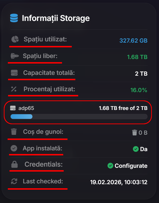 Secțiunea Informații Storage