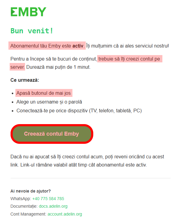 Email cu link creare cont