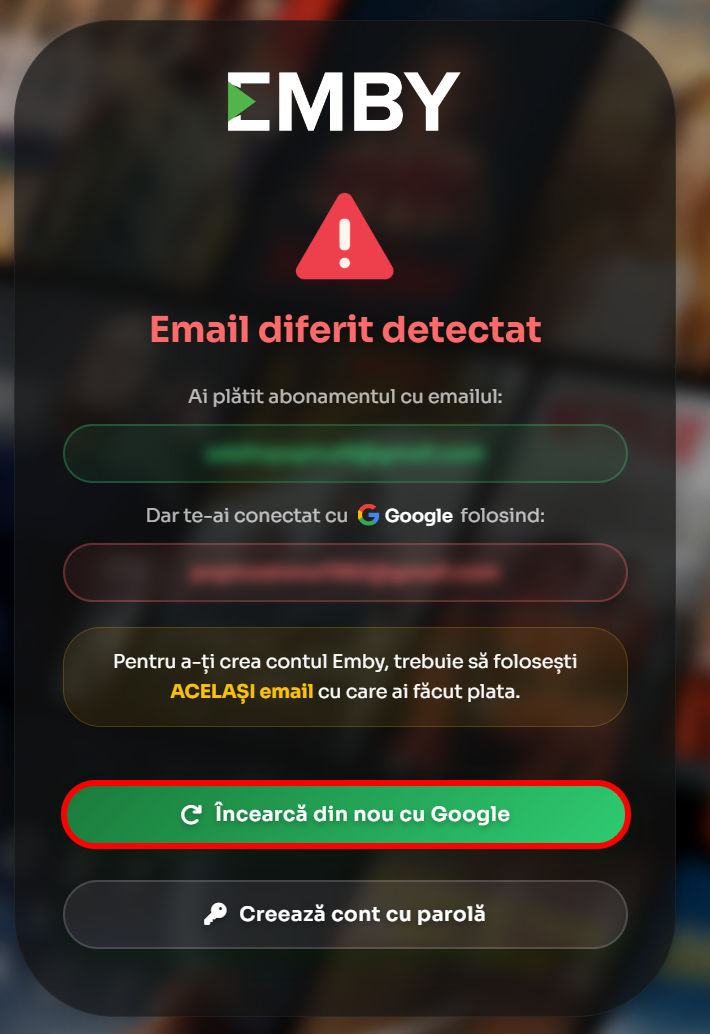 Atentionare email diferit